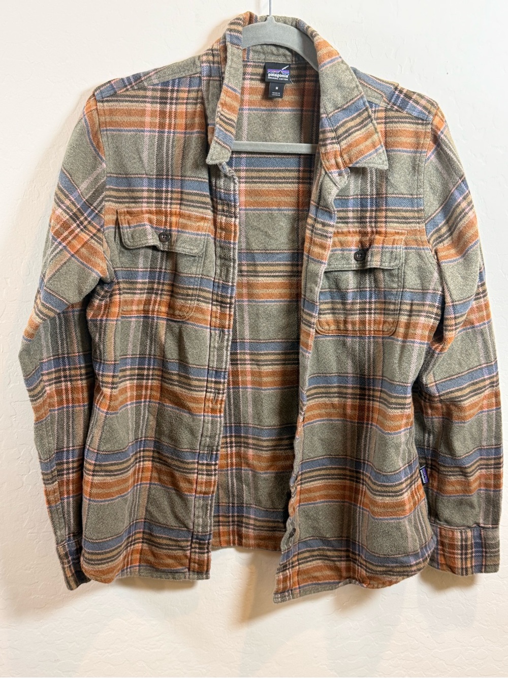 Patagonia Organic Cotton- Olive, Orange & Blue Plaid Lightweight Shirt Jacket